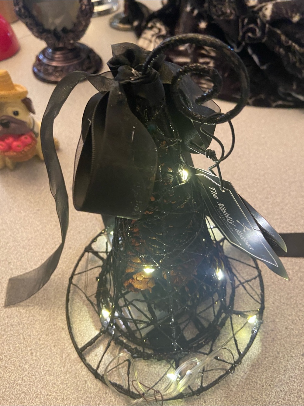 Black Decorative Wire Witch Hat Accent with Lights